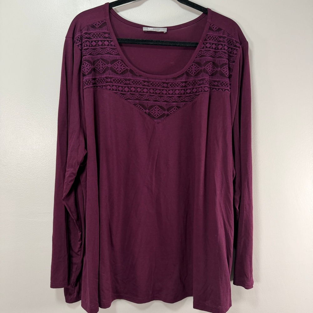 Lee Riders Top Womens 3X Purple Long Sleeve Embroidered Mesh Yoke Scoop Neck
